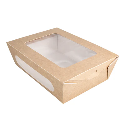 BOÎTES AVEC FENÊTRE POUR SALADE 1200 ML - 40 oz 391 G/M2 + PE 20,4x14,2x6 CM MARRON CARTON (200 UNITÉS) - REF. 226.92