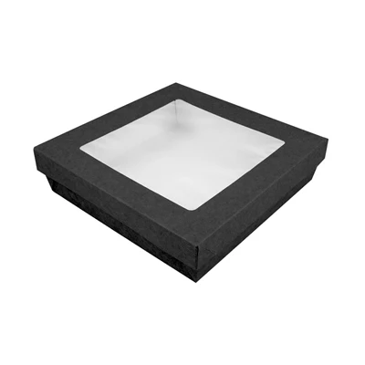 PETITES BOÎTES+COUVERCLES AVEC FÊNETRE 1000 ML 290 + 15 PE G/M2 18,5x18,5x4 CM NOIR CARTON (200 UNITÉS) - REF. 250.97