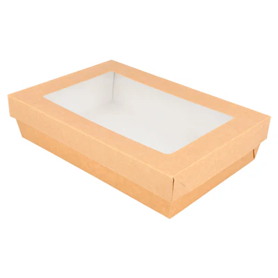 PETITES BOÎTES+COUVERCLES AVEC FÊNETRE 1300 ML 290 + 18 PE G/M2 21x14x5 CM MARRON CARTON (200 UNITÉS) - REF. 224.47