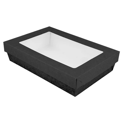 PETITES BOÎTES+COUVERCLES AVEC FÊNETRE 1300 ML 290 + 15 PE G/M2 21x14x5 CM NOIR CARTON (200 UNITÉS) - REF. 250.98