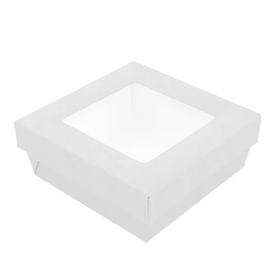 PETITES BOÎTES+COUVERCLES AVEC FÊNETRE 500 ML - 16,6 oz 300 + 18 PE G/M2 12x12x5 CM BLANC CARTON (250 UNITÉS) - REF. 250.38