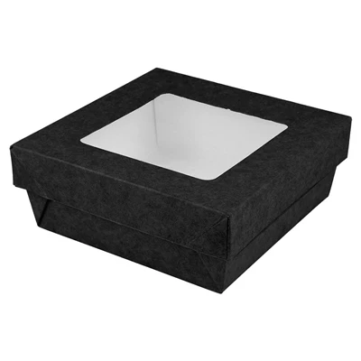 PETITES BOÎTES+COUVERCLES AVEC FÊNETRE 500 ML - 16,6 oz 270 + 15 PE G/M2 12x12x5 CM NOIR CARTON (250 UNITÉS) - REF. 250.95