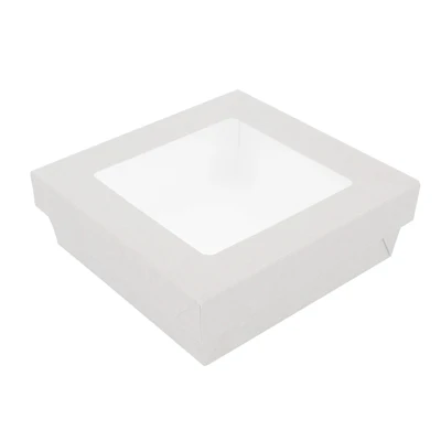 PETITES BOÎTES+COUVERCLES AVEC FÊNETRE 750 ML 300 + 18 PE G/M2 14x14x5 CM BLANC CARTON (250 UNITÉS) - REF. 250.39
