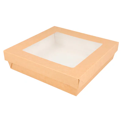 PETITES BOÎTES+COUVERCLES AVEC FÊNETRE 750 ML 270 + 18 PE G/M2 14x14x5 CM MARRON CARTON (250 UNITÉS) - REF. 224.45