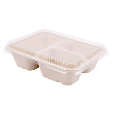 PLATEAUX 3 COMPART + COUVERCLE PET 'BIONIC' 950 ML 22x18x5,5+1,3 CM NATUREL BAGASSE (100 UNITÉS) - REF. 228.73