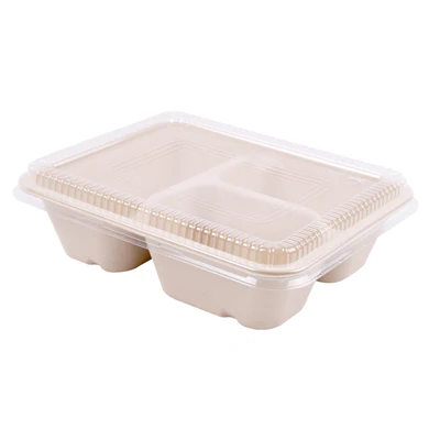 PLATEAUX 3 COMPART + COUVERCLE PET BIONIC 950 ML 22x18x5,5+1,3 CM NATUREL BAGASSE (100 UNITÉS) - REF. 228.73