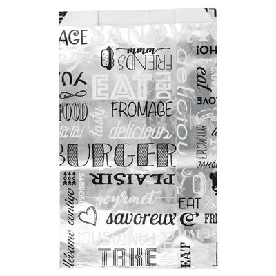 SACHETS POUR BURGER 'PAROLE' 35+20 G/M2 14+7x22 CM ARGENTE PARCHEMIN + ALUMINIUM (500 UNITÉS) - REF. 229.42