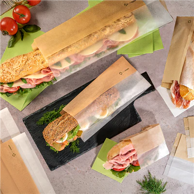 SACHETS POUR SANDWICHES AVEC FENÊTRE ECO PFAS FREE 'JUST PAPER' 40 G/M2 9+5,5x38 CM NATUREL PARCH.INGRAISSABLE (250 UNITÉS) - REF. 231.17 - Image 3