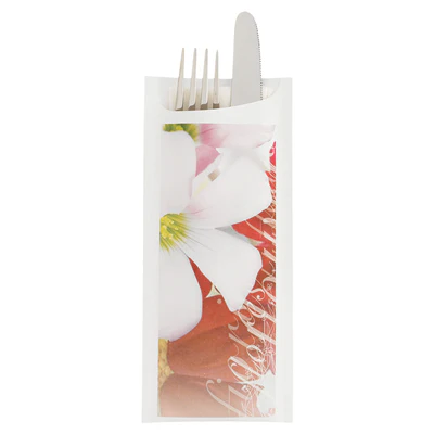 SACS POUR COUVERTS + SERVIETTE JUST IN TIME 'FLOWERS' 90 + 10PE G/M2 8,5x19,5 CM BLANC AIRLAID (250 UNITÉS) - REF. 130.55 - Image 2